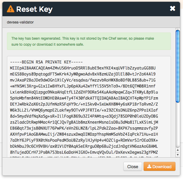 Dialog box showing newly generated key.